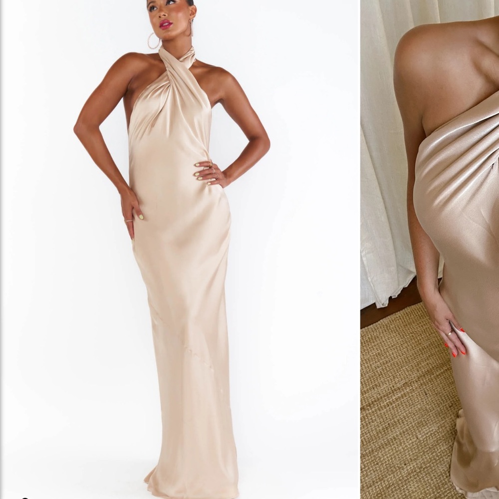 Elegant Halter Neck Satin Dress champagne luxe satin